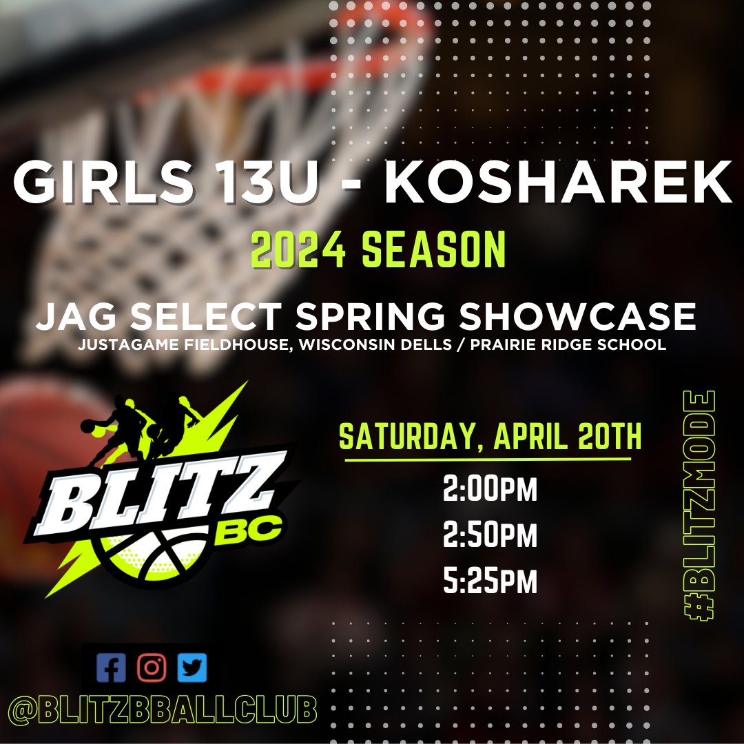 BlitzBballClub's tweet photo. 🚨Our 13u Girls open their season this Saturday!
🏀 JAG SELECT SPRING SHOWCASE
📅 April 20
📍 JustAGame Fieldhouse, Wisconsin Dells / Prairie Ridge School
✔️ See full rosters here: https://t.co/DHagxGpbsC https://t.co/oc7ej3SVDr