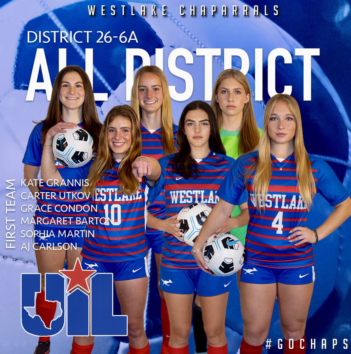 Women’s Soccer has six Chaps on the 26-6A All-District 1st Team. Congratulations on an outstanding season. #GoChaps 26-6A All-District 1st Team Kate Grannis Carter Utkov Grace Condon Margaret Barton Sophia Martin AJ Carlson