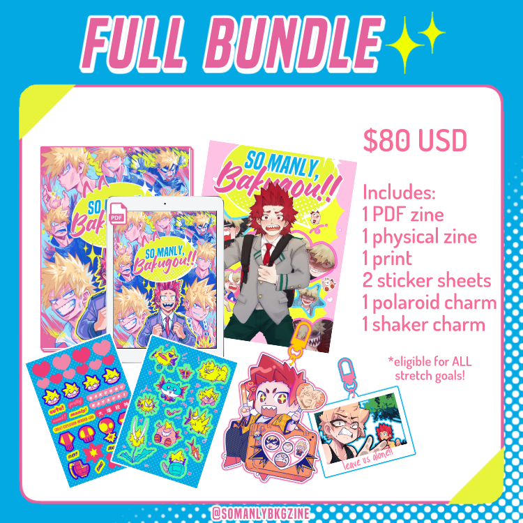 ✨FULL BUNDLE✨ This tier includes both zines and all our merch! Includes: 1 PDF zine 1 physical zine 1 print 2 sticker sheets 1 polaroid charm 1 shaker charm This tier is eligible for ALL stretch goals!