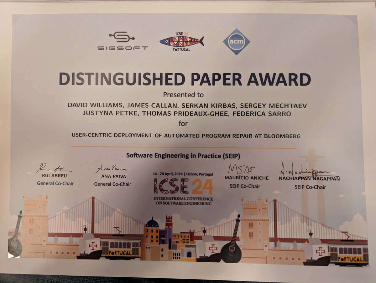 Congrats to @ucl's SOLAR Group researchers & our engineers whose paper 'User-Centric Deployment of #AutomatedProgramRepair at Bloomberg' received one of the 'Distinguished Paper Awards' for @ICSEconf 2024's 'Software Engineering in Practice' (SEIP) track! conf.researchr.org/info/icse-2024…