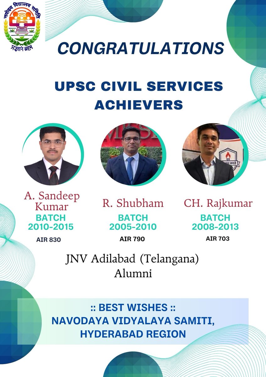 Congratulations to our proud alumni of JNV Adilabad for their astounding success in UPSC-2024. ▪️A. Sandeep Kumar (AIR-830) ▪️R. Shubham (AIR-790) ▪️CH. Rajkumar (AIR- 703) NVS RO Hyderabad extends the best wishes for their future endeavours. @NVS_HQ @EduMinOfIndia @UpscforAll