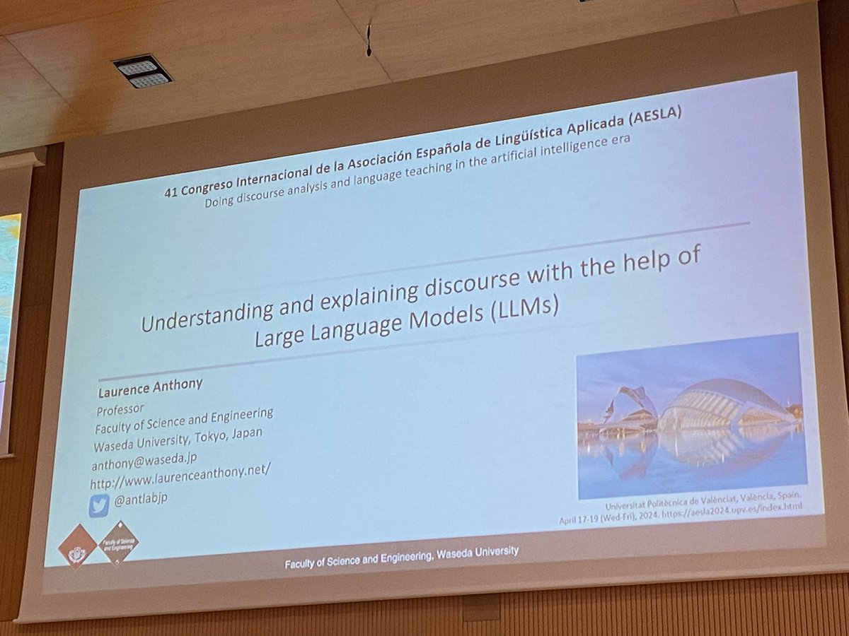 imamomir's tweet photo. An inspiring plenary lecture by @antlabjp at @Aesla2024 on April 18. Using LLMs for discourse analysis! So many new insights. #aesla2024 #valencia https://t.co/aoaRDb5FPE