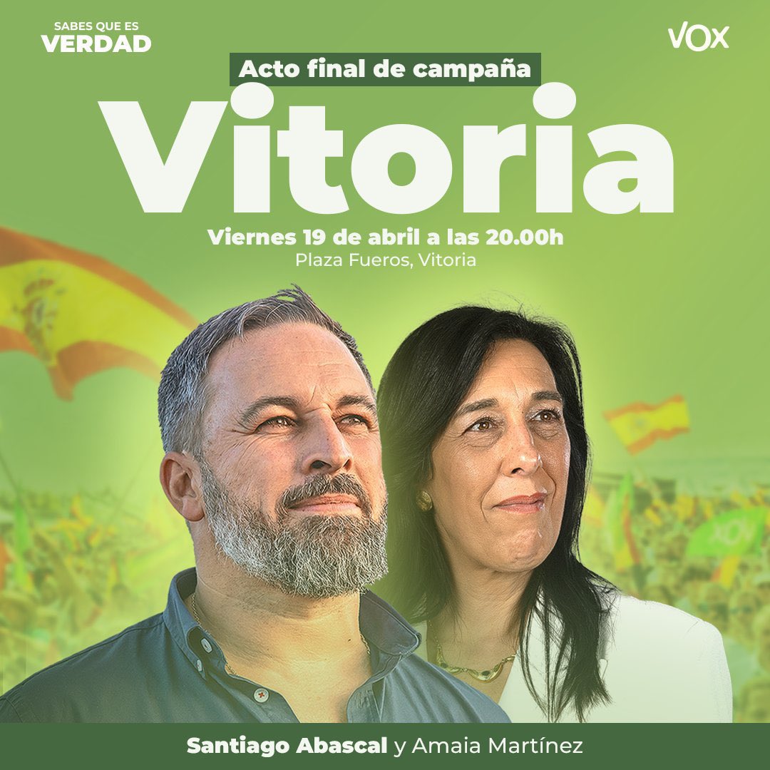 🟢 Cierre de campaña de VOX en VITORIA 🟢 Con @Santi_ABASCAL y nuestra candidata a la presidencia del País Vasco, @AmaiaMartinez17 📹 Síguelo en directo en Youtube a partir de las 20:00 ⬇️ youtube.com/live/XomgmiJs7… ¡No te lo pierdas!