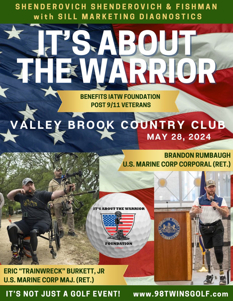 The Shenderovich, Shenderovich & Fishman IATW Golf Event benefiting post-9/11 veterans retired US Marine Corp Major Eric Burkett, Jr. & retired US Marine Corp Corporal Brandon Rumbaugh is coming to Valley Brook Country Club on May 28! Register: 98twinsgolf.com