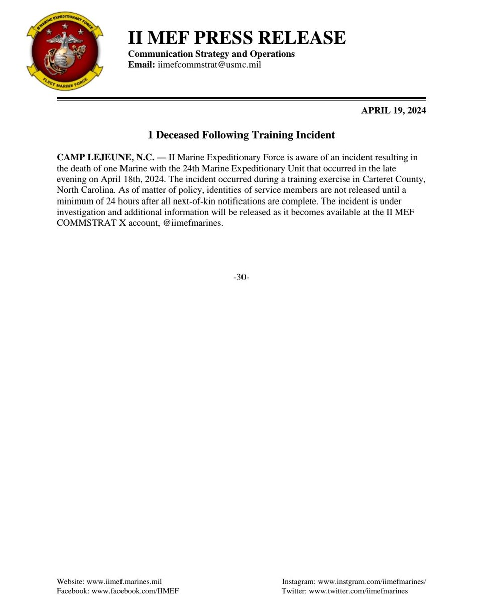 For Immediate Release: 1 Marine Deceased Following Training Incident The incident is under investigation, and more information will be released here, on X, as it becomes available. Full Press Release below: