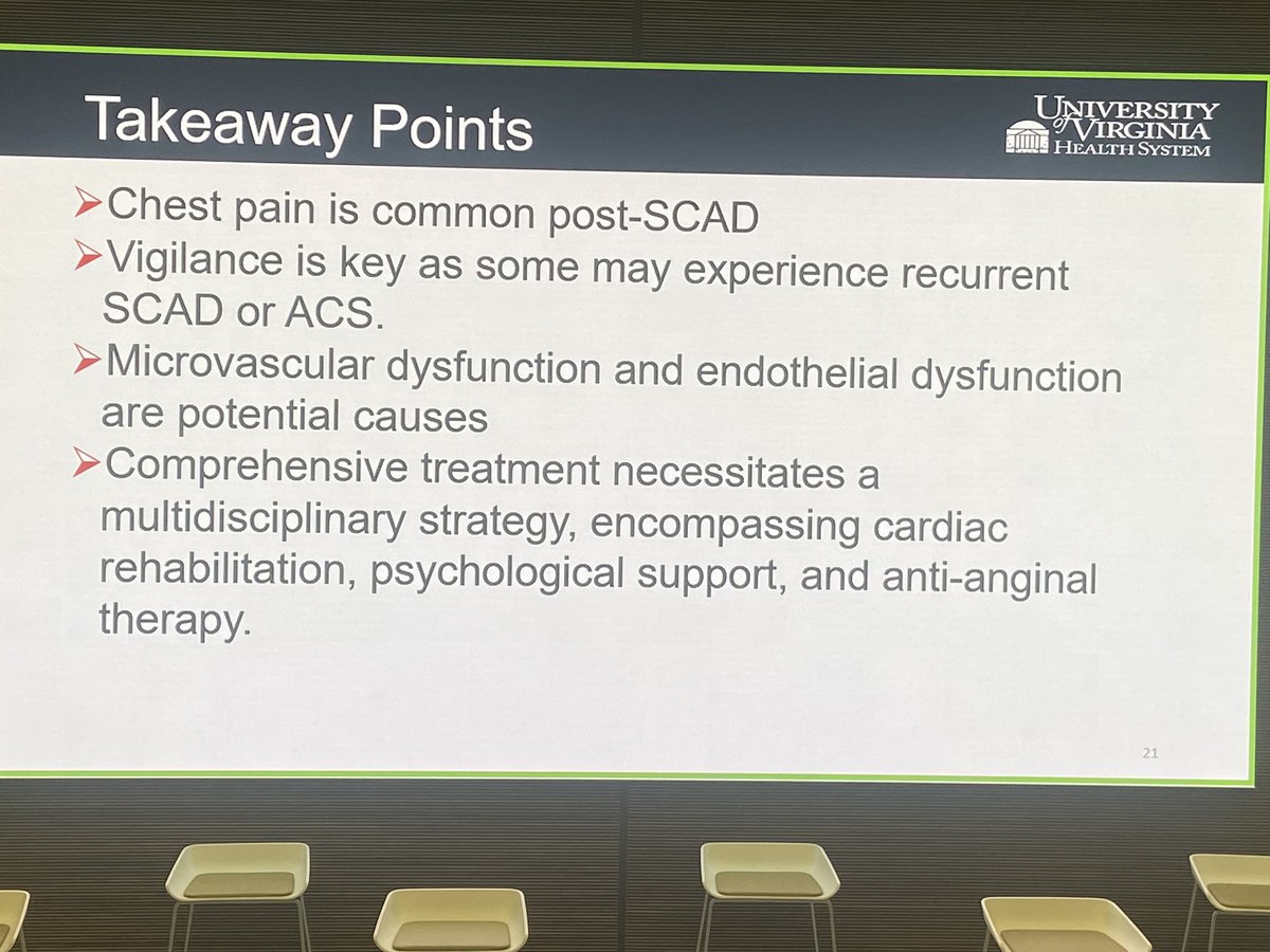 .@PRodriguezMD with terrific talk on chest pain syndromes post #SCAD . Common problem among up to ~1/3 of patients. Coronary micro vascular dysfxn may play key role @SCADalliance