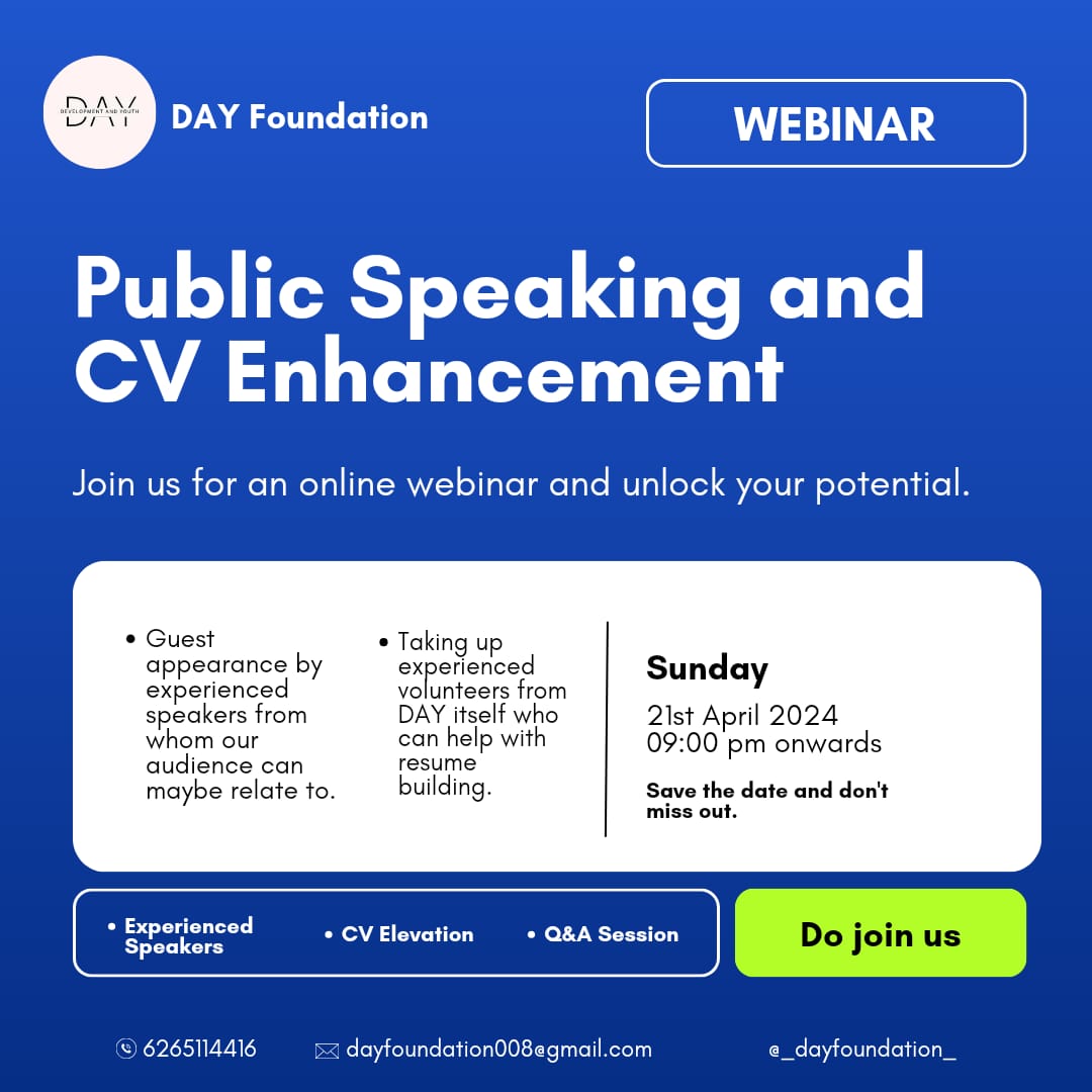 DAYfoundat008's tweet photo. Join us on 21st April 2024 at 9:00pm.✨

#dayfoundation #publicspeaking #ngo #npo #nonprofit #vote https://t.co/0ws8gAe6UD