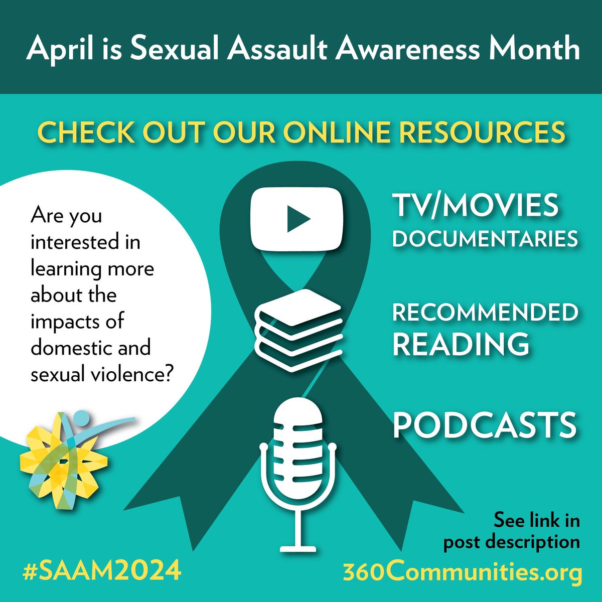 April is #SAAM. 360 Communities has curated a list of resources to help educate people about the impacts of sexual & domestic violence. Visit our website: buff.ly/3tGjcKR

#InvestInSurvivors #ACallToAction #HelpInTheMoment #HopeForTheFuture #SAAM2024 #WeRememberMN #EndDV