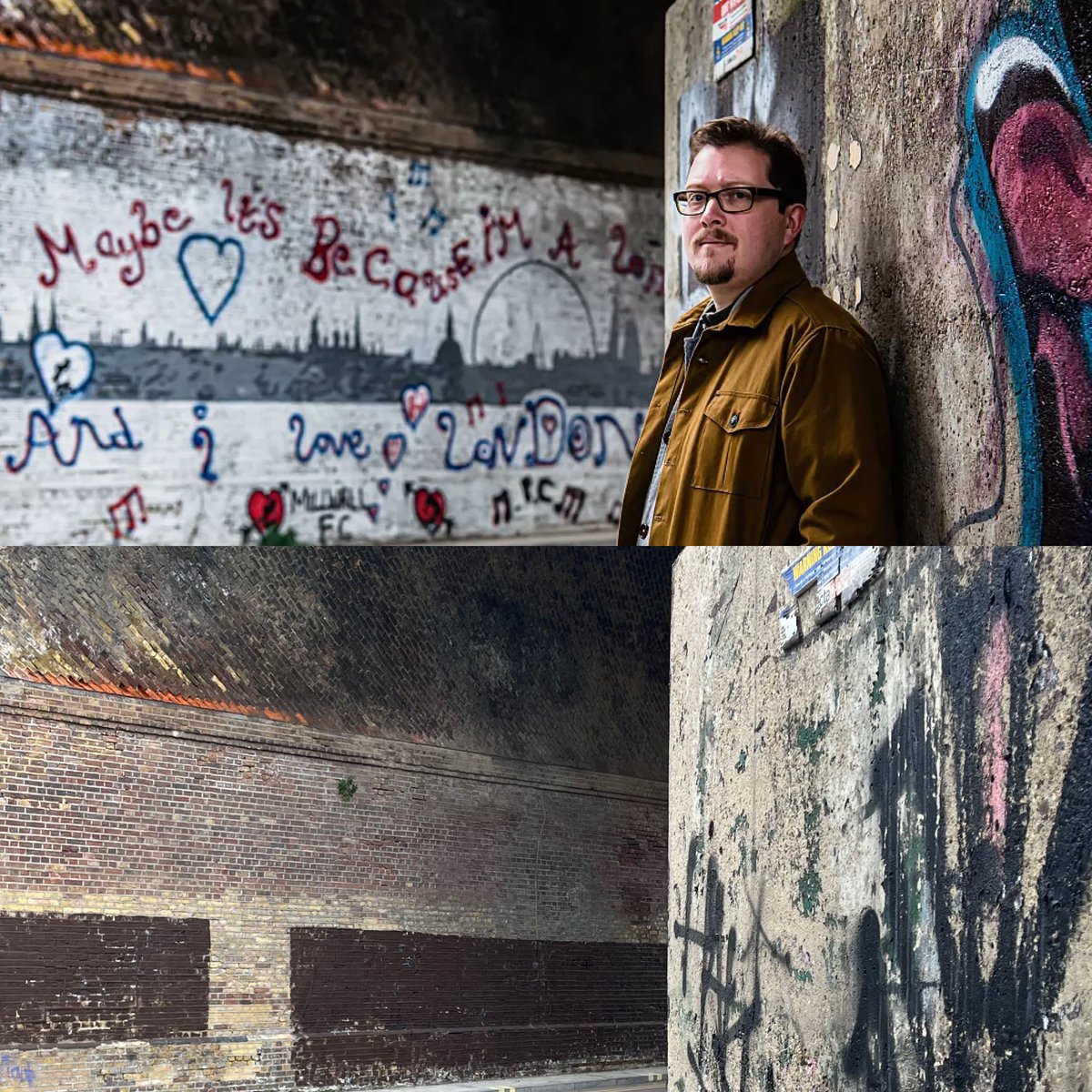 I was sad to see the ‘Maybe it’s because I’m a Londoner’ mural on Bolina Road, South Bermondsey has been painted over. The photo of me is from 2021 (by Akiko DuPont), the other one taken today.