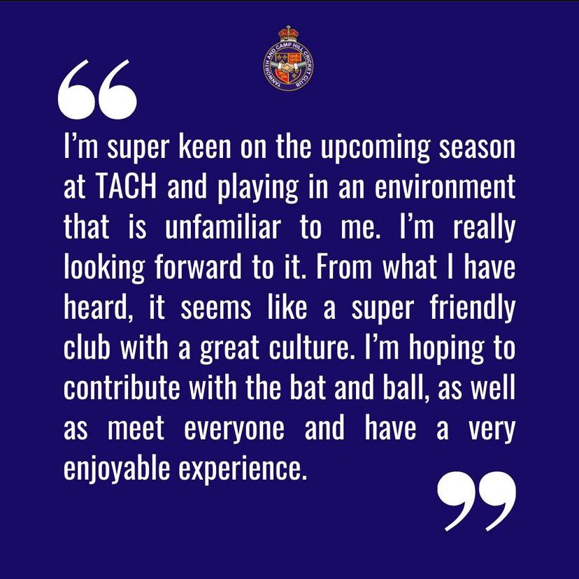 ✈️🇦🇺 Team News 🇦🇺✈️

TACH are very excited to announce our Overseas  Player for the 2024 season is Ben Bryant 🙌

Ben is an all-rounder from Eastern Hill CC, Victoria and brings a wealth of experience. 

Let’s give Ben a warm TACH welcome,

#UpTheTACH