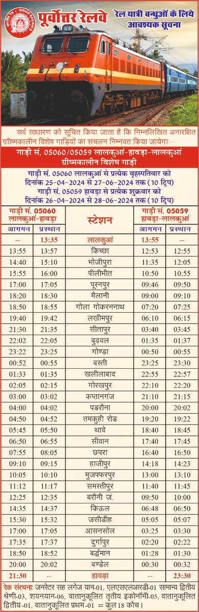 आवश्यक सूचना! ग्रीष्मकाल में रेल यात्रियों की सुविधा हेतु  05060/05059 लालकुआं-हावड़ा-लालकुआं ग्रीष्मकालीन विशेष गाड़ी का संचलन लालकुआं से 25 अप्रैल से 27 जून,2024 तक प्रत्येक वृहस्पतिवार को तथा हावड़ा से 27 अप्रैल से 29 जून,2024 तक प्रत्येक शनिवार को किया जायेगा।