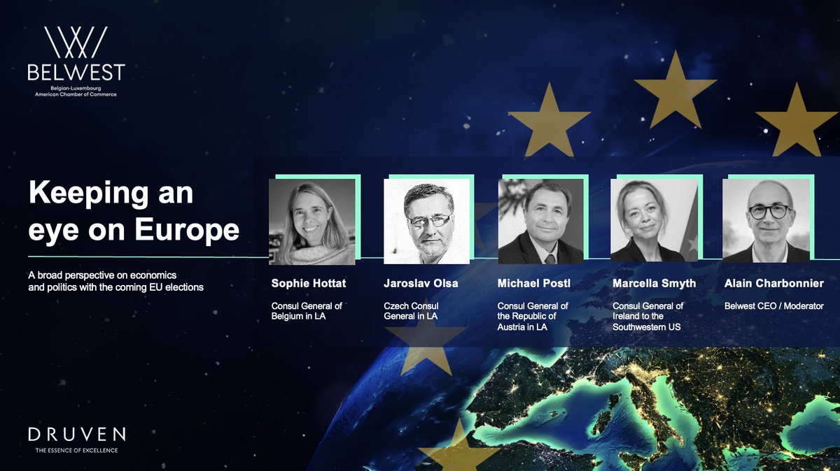 Join us on April 25, in L.A. for an exclusive panel entitled 'Keeping an Eye on Europe - A broad perspective on #economics and politics with the coming EU elections », followed by a reception, co-organized by #DRUVEN and hosted at the residence of @BelgiumLA 🇪🇺🇺🇸 👉 DM for RSVP
