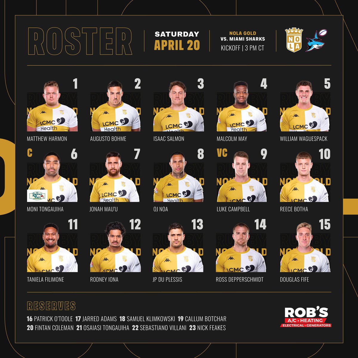 Get ready, NOLA Gold fans! Here’s your week eight starting roster. Join us this Saturday at 3pm as the Gold face off against the Miami Sharks. Let’s pack the house and show our support! - Week eight roster brought to you by ROB'S AC & Heating!