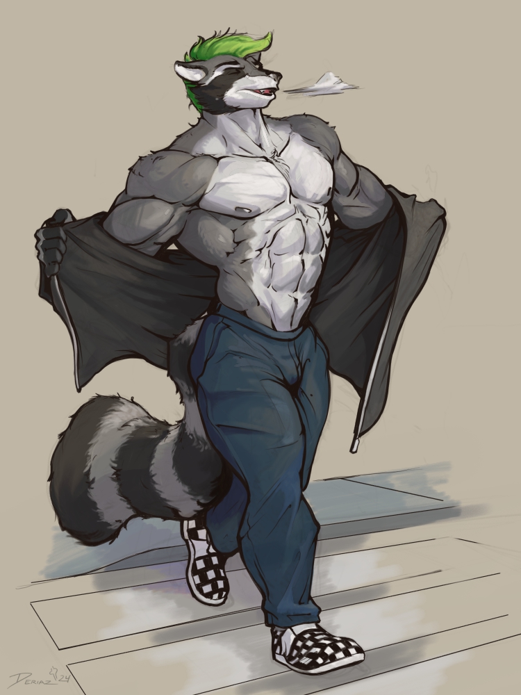 A sketch for @RhythmBastard . Thrash has had a long day, but its finally the weekend. Taking your jacket off to enjoy the evening air on your walk home only makes sense.