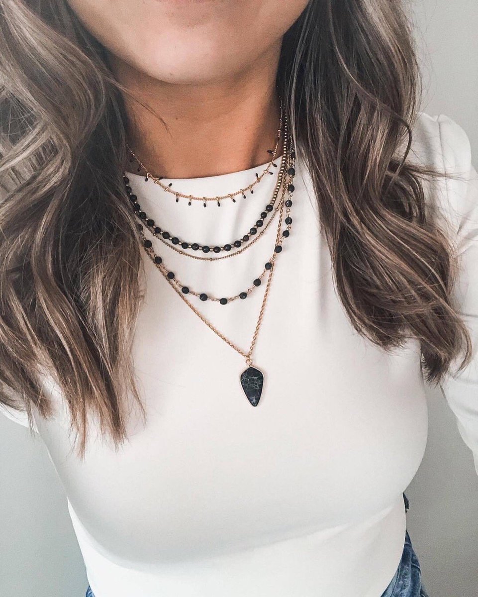 Upgrade a simple outfit with a necklace stack worth swooning over 🖤 #kinsleyarmelle #stainlesssteeljewelry #naturalstonejewelry #necklaces #layeringnecklaces #bohoneckalces #bohojewelry #statementjewelry