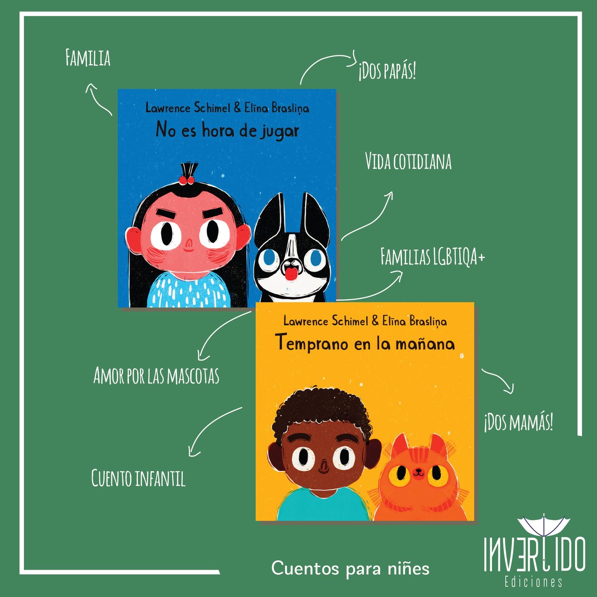 💫 ¡Conoce nuestra colección infantil! 💫 

En abril 2023, publicamos »Temprano en la mañana» y «No es hora de jugar». Historias sobre familias homoparentales y mascotas. 🌈✨

✨ Puedes conseguirlos en nuestra tienda: invertidoediciones.cl/tienda/ ✨