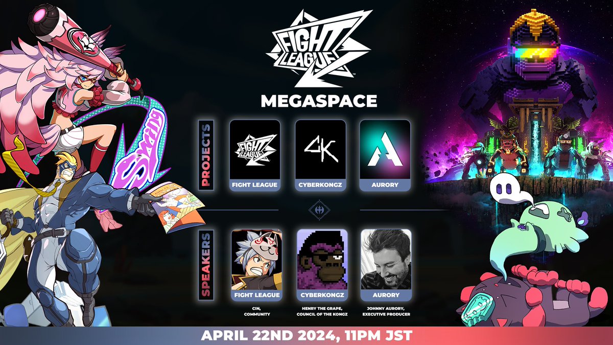 PlayFightLeague's tweet photo. IT'S A GAMING MEGASPACE!!! ✨
Prepare for an epic meeting of worlds 🚀

⚔ Speakers: @PlayFightLeague @CyberKongz @AuroryProject
🗓 April 22nd, Monday 11pm JST
🎙 https://t.co/BWzYdHMsXC

You don't want to miss the alpha in this room https://t.co/yIX6om0WyA