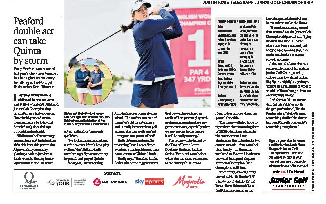 A great Telegraph article about the twin sister of last year's champion Annabel Peaford, Emily, who is also a superstar golfer!⛳️

#JuniorGolf #GirlsGolf #JustinRose #Telegraph