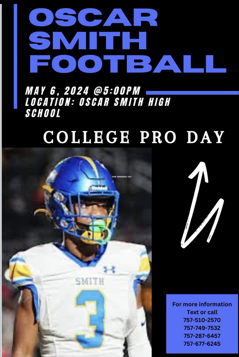 Come out to 1994 Tiger Dr and see the top athletes in the state of Virginia compete in Oscar Smith High School Annual College Pro Day on May 6th. <a href="/247recruiting/">247Sports Recruiting</a> <a href="/MaxPreps/">MaxPreps</a> <a href="/virginianpilot/">The Virginian-Pilot</a> <a href="/sports_757/">757Sports</a> <a href="/OscarSmithFB/">Oscar Smith Football</a>