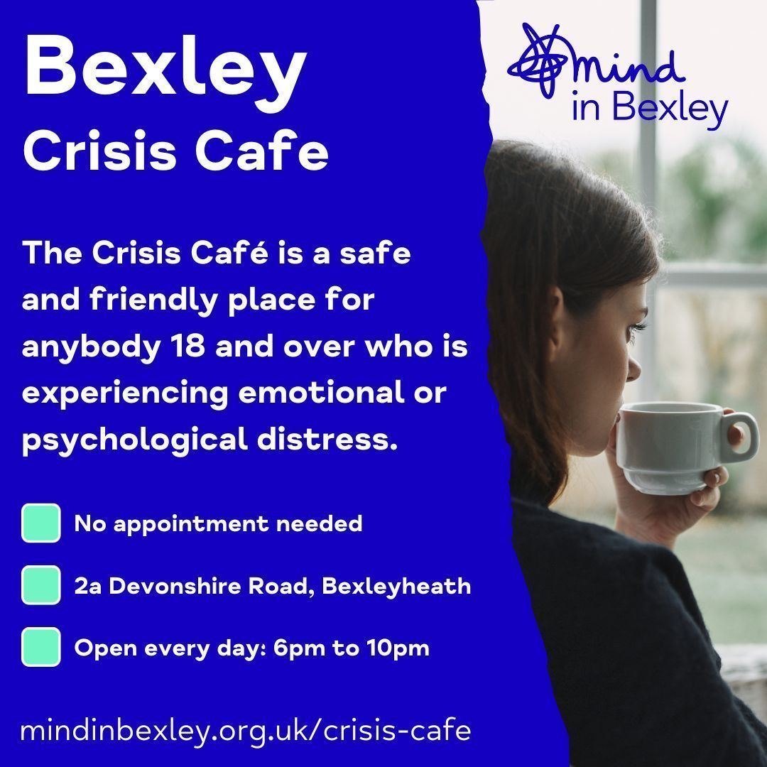 Our dedicated Crisis Cafe staff are here every evening from 6pm to 10pm at 2a Devonshire Rd, Bexleyheath. In a relaxing environment, we listen and provide onward support. Feelings matter, and we are dedicated to providing a safe space for people who are struggling or in distress.
