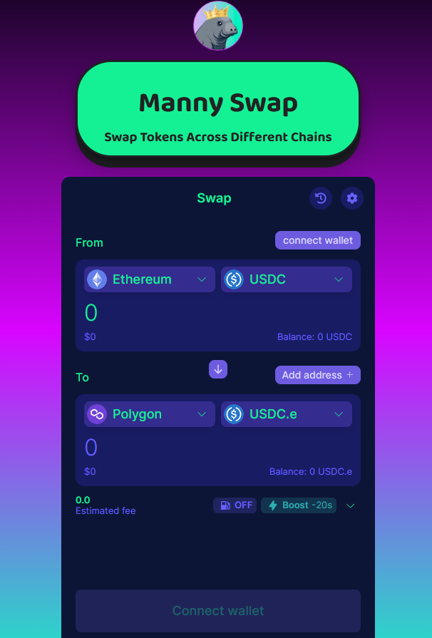 mannytoken's tweet photo. 🔥🔥Cross-Chain Swap is Live!🔥🔥

https://t.co/BUZCAHLQMk

Effortlessly swap tokens between EVM chains in under 30 seconds!

The King continues to produce innovative utilities for the kingdom 👑 Come join us in our TG and vibe with our community of Chads: https://t.co/EizWL8ubRj https://t.co/k9xDzd1yTh