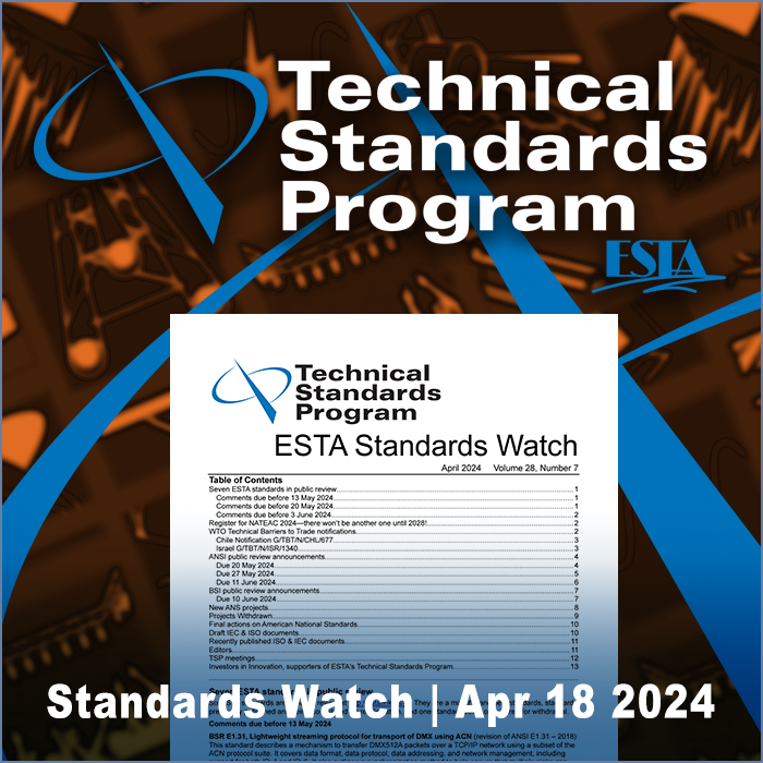 ESTA_Standards's tweet photo. The latest issue of ESTA Standards Watch is now available at https://t.co/Jq7LIANmMl https://t.co/971bU3XMlF