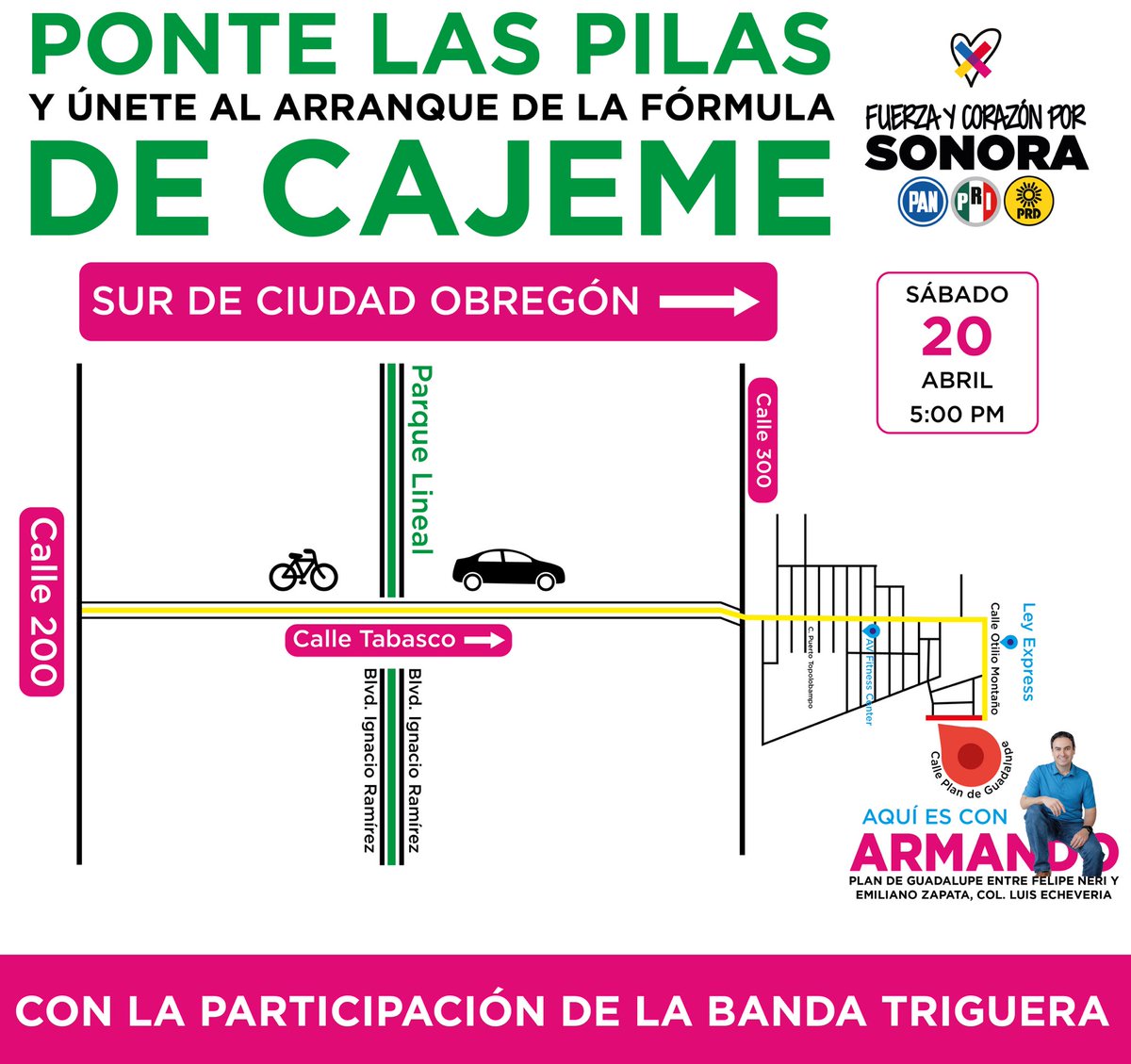 ¡Ponte las pilas y vámonos al arranque de la fórmula de #Cajeme!👊🏼🔋

🗓️Sábado 20 de abril 
📍Calle Plan de Guadalupe entre Felipe Neri y Emiliano Zapata, colonia Luis Echeverría 
🕖5:00 pm