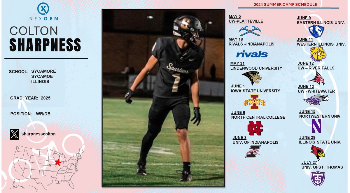 2024 Camp Schedule 2025 WR/DB Colton Sharpness @SharpnessColton Sycamore HS @SycoFootball Sycamore-Illinois @UWPlattFootball @Rivals @LindenwoodFB @CycloneFB @football_ncc @UIndyFB @EIUFootball @WIUfootball @UWRFFootball @NUFBFamily @RedbirdFB @UST_Football