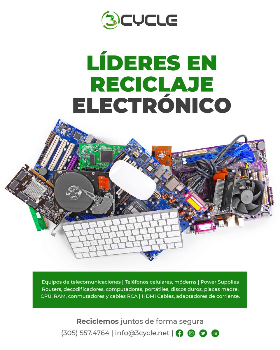 3_cycle's tweet photo. ✅♻️ Atendemos a clientes de diversos sectores que buscan una solución confiable para el reciclaje de sus equipos electrónicos en desuso.

#RAEE #reciclajeelectrónico #reduce #reusa #recicla #reciclar #dispositivosobsoletos #basuraelectrónica #desechoselectrónicos https://t.co/FuuUiivjaN