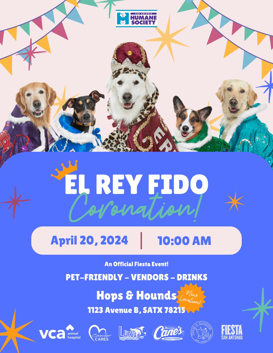 We hope to see you at the 2024 El Rey Fido Coronation - Saturday, April 20 at 10am - an official @FiestaSA event! Join us at Hops & Hounds (NEW downtown location), at 1123 Avenue B, for the crowning ceremony of 2024's royal court. Bring your dogs, & come witness the magic unfold!