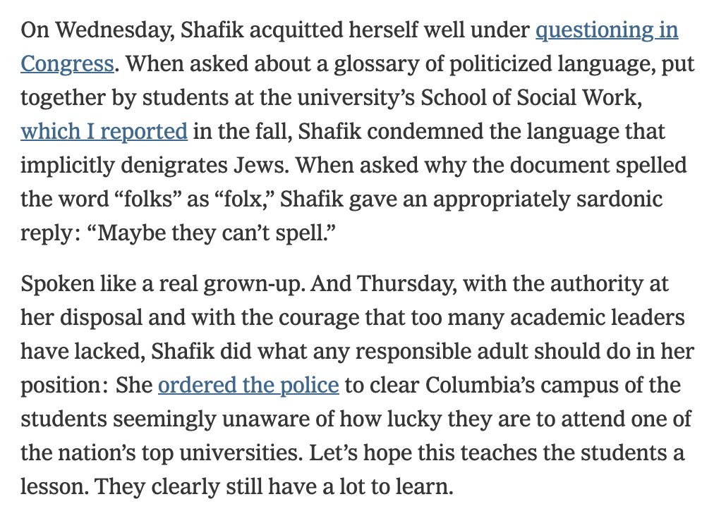 honestly? Pamela Paul sneaking a snide little joke reminding her readers to regard trans people as deluded children into her CELEBRATION of Minouche Shafik's deploying the NYPD against her own students is kind of bravura in what it exposes about the liberal mind