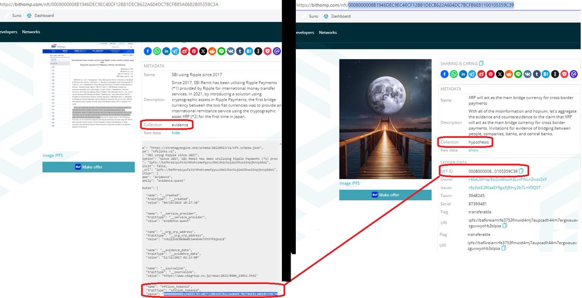 _Bear_Bull's tweet photo. Here you can see 2 NFTs on #Bithomp. https://t.co/Yz8bcF1sGe associates an evidence NFT with a hypothesis NFT highlighted in red. Since the data is all on the #XRPL ledger, anyone can pull this data or wrap a UI around it.
The first payments to owners of hypothesis NFTs and evidence NFTs will go out shortly. 🤖
