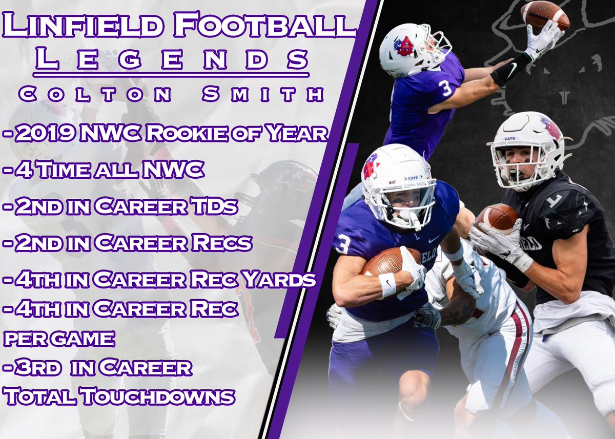 The 5th player in our recent 'Linfield Legends' series is receiver Colton Smith. He grew up around the program watching other greats only to became one himself! Finishing his fantastic career with 203 catches, 2,607 yards receiving, and 37 touchdowns from 2019-2023. #RollCats
