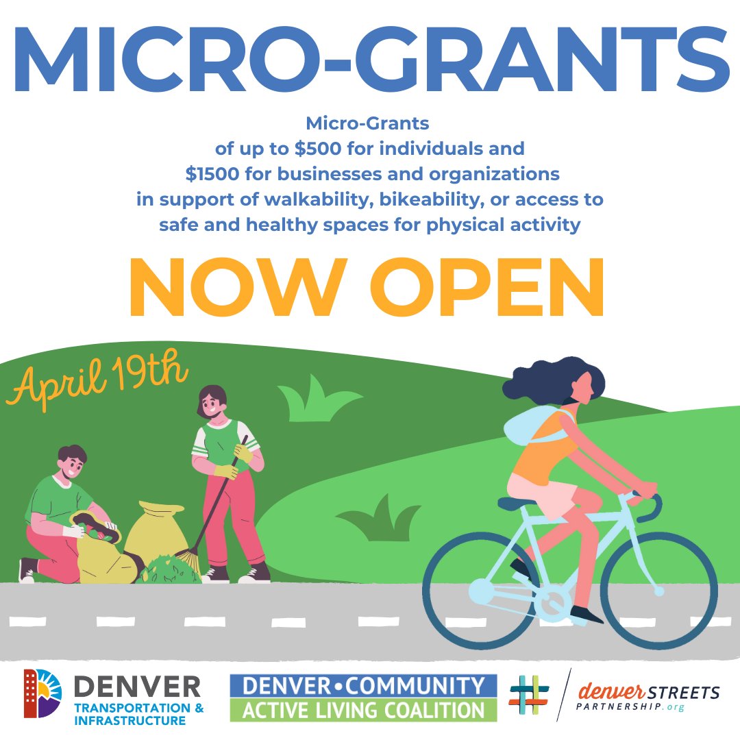 Denver Dept of Transportation & Infrastructure (@denverdoti) on Twitter photo π Exciting news! 2024 CALC Micro-Grants are officially open for applications!
Got a project idea to boost active living in your Denver neighborhood? We want to hear it!
APPLY NOW π‘denvercalc.org/microgrants
<a href="/BikeWalkBus/">Denver Streets Partnership πβΏπ΄π</a> #MicroGrant #StreetsforPeople π Exciting news! 2024 CALC Micro-Grants are officially open for applications!
Got a project idea to boost active living in your Denver neighborhood? We want to hear it!
APPLY NOW π‘denvercalc.org/microgrants
<a href="/BikeWalkBus/">Denver Streets Partnership πβΏπ΄π</a> #MicroGrant #StreetsforPeople