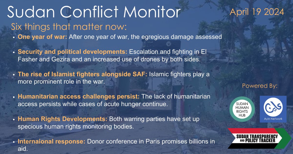 Sudan's war is over one year in duration and remains as complex and challenging as ever. Read the Sudan Conflict Monitor to make sense of it all. In partnership with the Sudan Transparency and Policy Tracker and Sudan Human Rights Hub. See: 3ayin.com/en/scm12/…