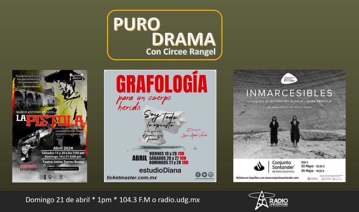 Inicia #PuroDrama, con Circee Rangel y hoy en nuestra emisión: 🎭La actriz Paula Moncal. 💃La bailarina de danza butoh, Guyphytsy Aldalai. 🕺🏻El director y bailarín Ignacio Ayala. 📻104.3 FM o en udgtv.com/radioudg