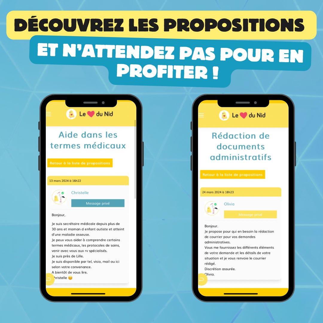 🌟Nouvelle fonctionnalité sur notre application ! 📲 Nos bénévoles proposent désormais leurs services 💝

📲 Télécharger « Le ❤️ du Nid »:
App Store : apps.apple.com/fr/app/le-c%C5…
Play store : play.google.com/store/apps/det…

Venez les découvrir !✨
