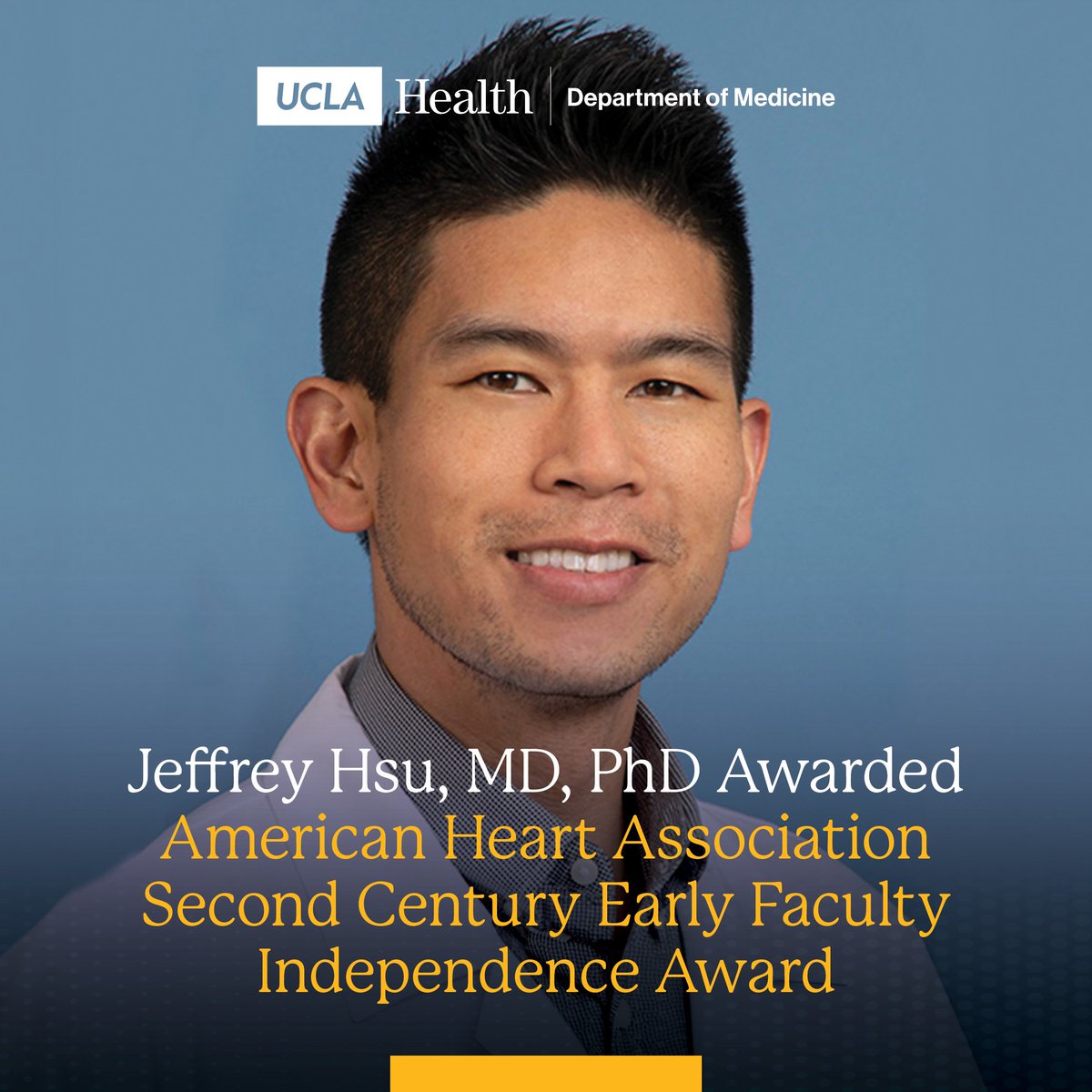 We shine the spotlight on Dr. Jeffrey Hsu, awarded the @American_Heart Second Century Early Faculty Independence Award for his project aimed at creating a wearable biosensor to transform exercise monitoring and guidance for patients w/ heart conditions. bit.ly/49J7EWf