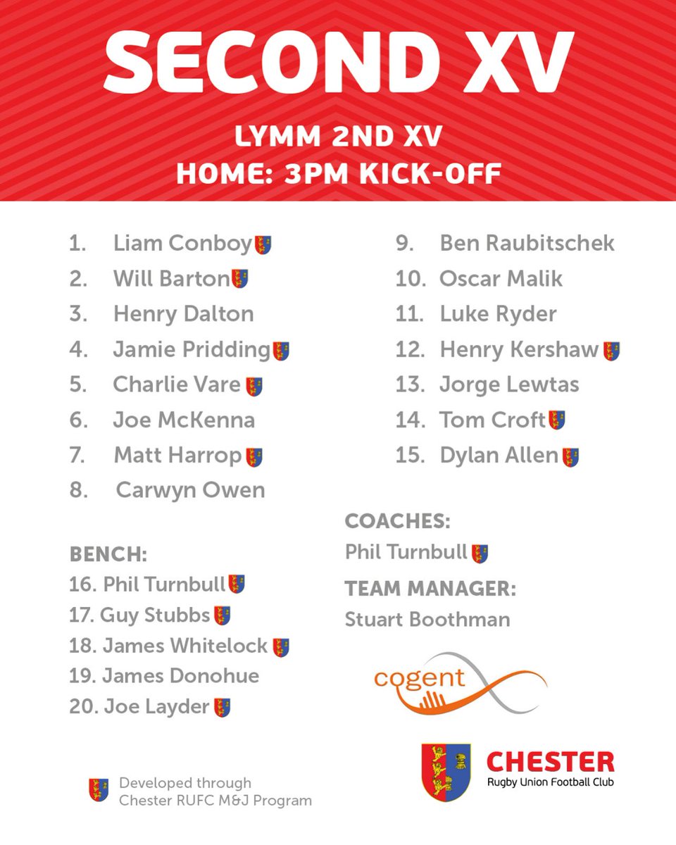 TEAM NEWS🏉 Here's #Your Second XV taking on Lymm 2nd XV tommorw at Hare Lane.

Come down and support the lads.

3pm KO- Home

#upthechess  #fixture #chester #rufc #rugbyunion #rugbylife #rugbyplayer #rugbyfamily #rugbylove