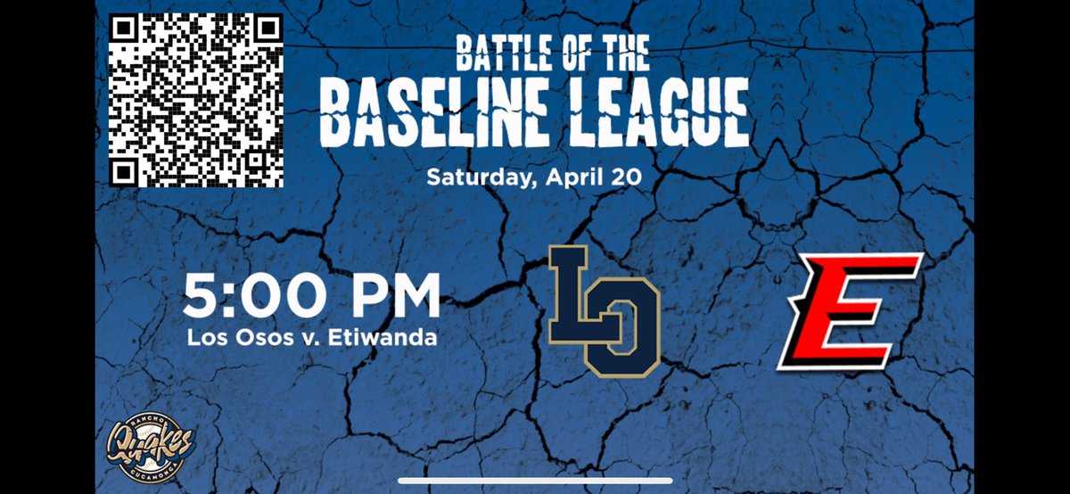 Los Osos and Etiwanda look for finish the series Saturday Night at Quakes stadium!! First pitch is scheduled for 5pm! Come out and support both programs! Claws up! @lohs_baseball @OsosAthletics @Etiwandabasebll @LOHS_Grizzlies @osos_wrestling @LoHiSoftball @IE_Baseball_HQ