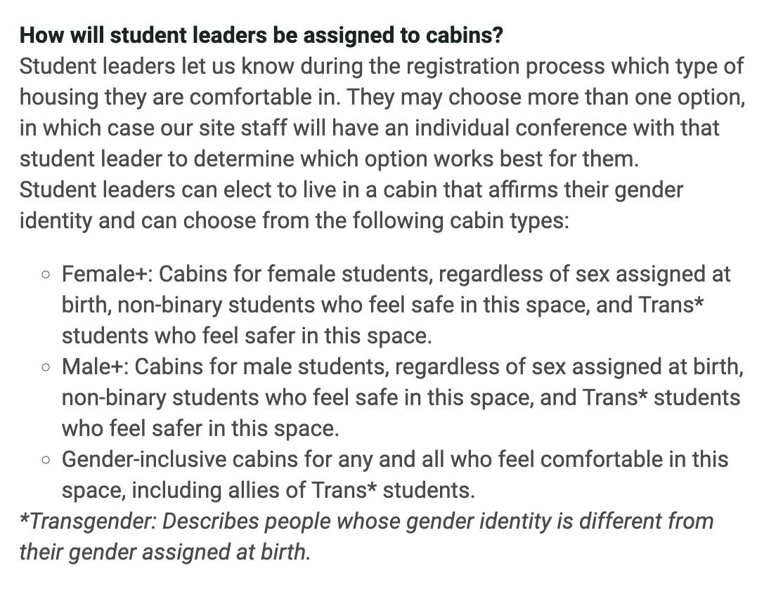 Oregon Science School (@NWoutdoorschool) allows high schoolers to bunk with younger students based on what makes them feel 'comfortable' or 'safe.' A male just has to say he feels 'safer' with young girls and then he gets to share their cabin and private spaces.