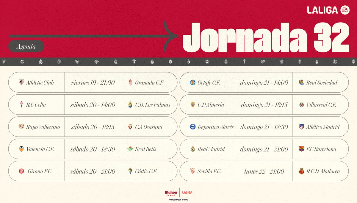 Todxs bien ATENTXS 👀 que llega la Jornada 32 de @LaLiga cargadita de fútbol. #EIClasico y mucho más. Aquí todo lo que no te puedes perder. ⚽️👇