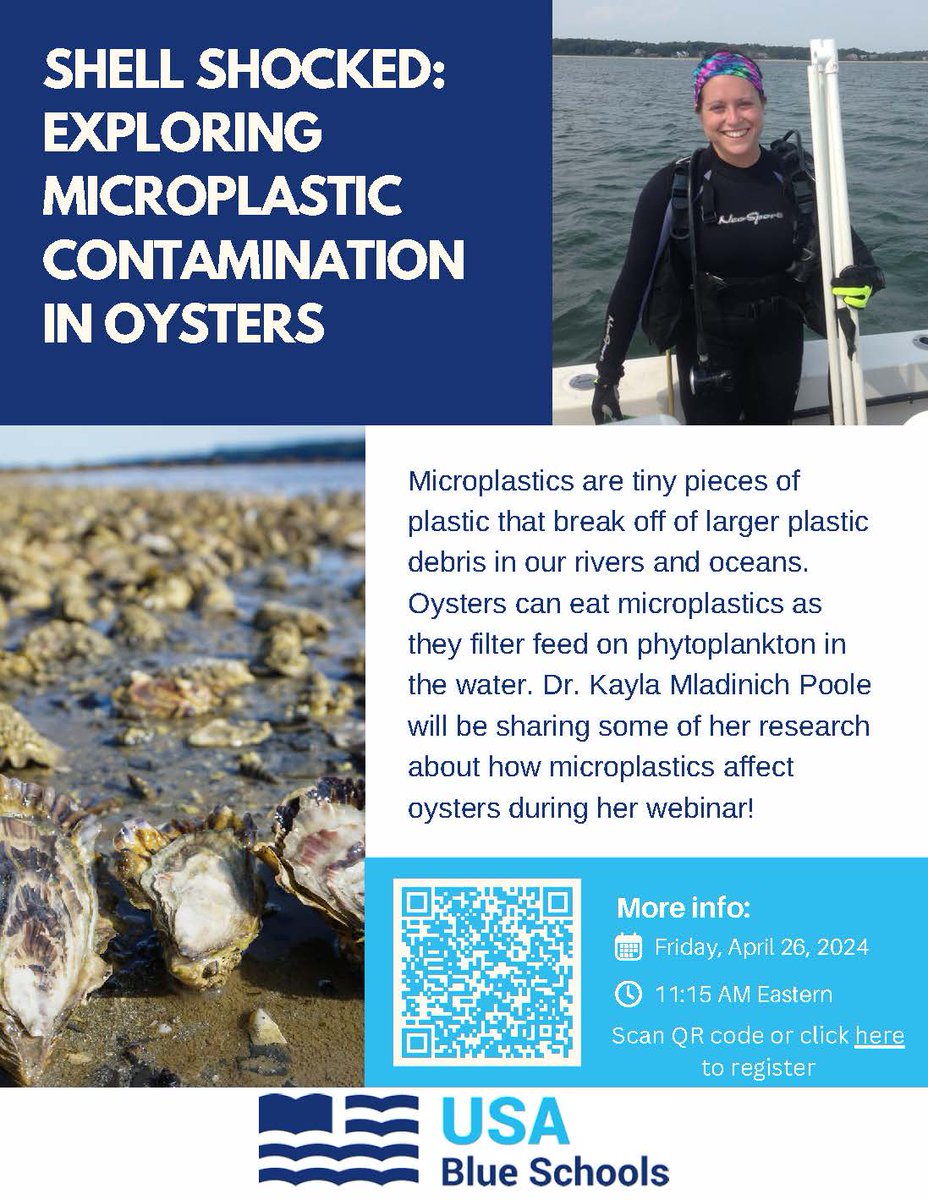 What are microplastics, and how do they affect filter feeders? Join Dr. Kayla Mladinich Poole on Friday, April 26 at 11:15 am Eastern for a #webinar on “Shell Shocked: Exploring Microplastic Contamination in Oysters.” Register today! marine-ed.org/usablueschools