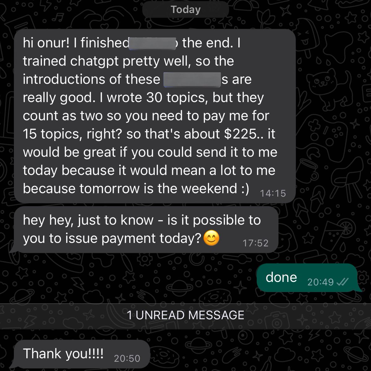 su sira yaptigim en iyi is ana yazarimi prompt engineer yapmak oldu

hem isi hizlandi, hem asiri keyif aldi chatgpt ile calismaktan hem de asiri iyi anladi nasil icerik olusturmasi gerektigini. isin maddi boyutu da bana yaradi