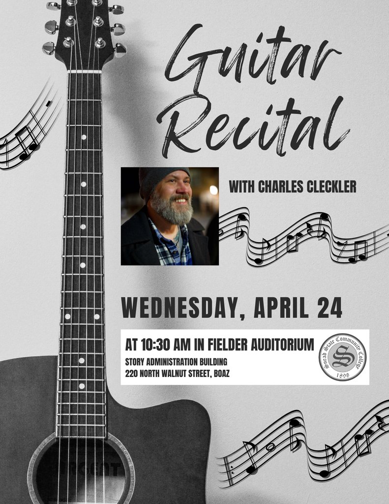 ICYMI: A special Guitar Recital featuring Charles Cleckler will be held Wednesday, April 24, at 10:30 a.m. in Fielder Auditorium, located in the Story Administration Building. Admission is free. #SneadState #CommCollege