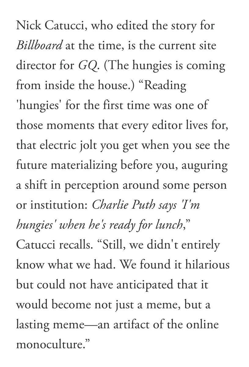 I spoke to @GMPaiella about my signature contribution to journalism history: Editing the @rebeccamilzoff profile of Charlie Puth in which he said “I’m hungies” gq.com/story/charlie-…