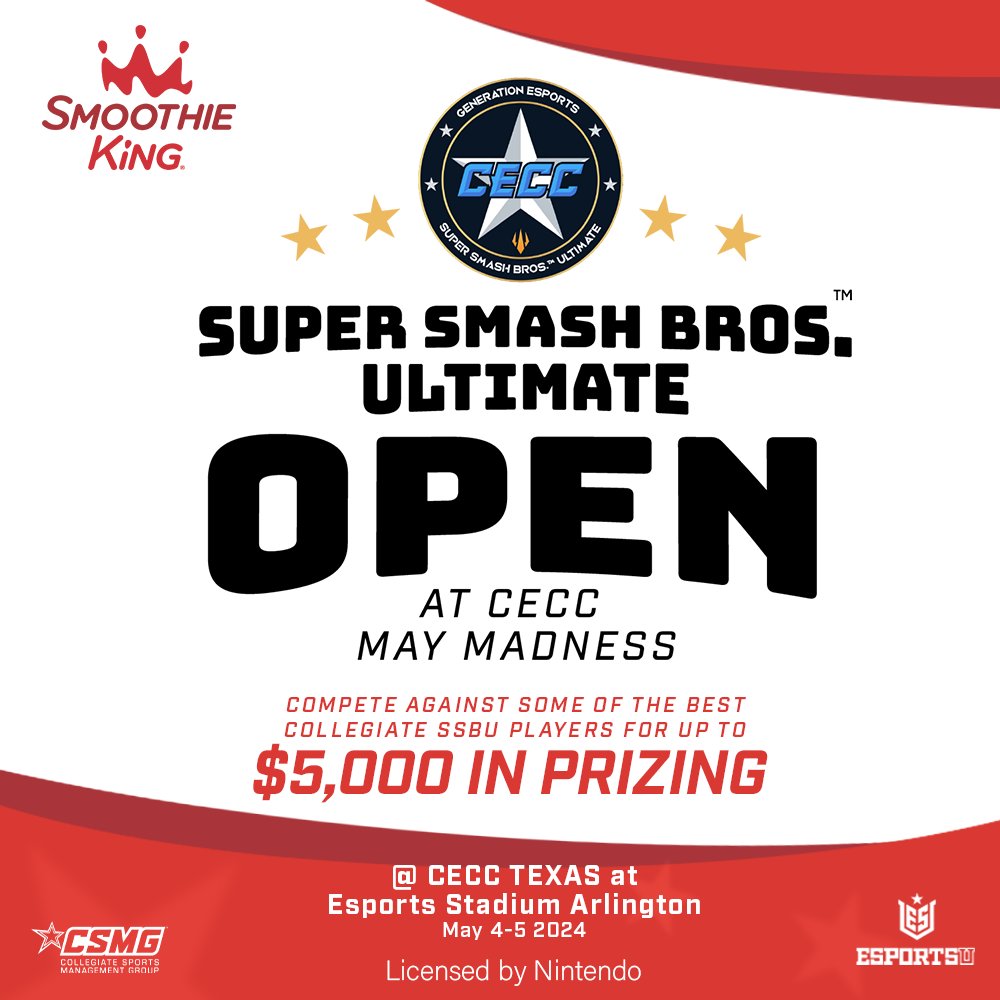 #CECC May Madness 2024 is excited to announce our Super Smash Bros. Ultimate Open tournament organized by @Fisher_Esports. Come compete against some of the best collegiate #SSBU players in the world Saturday and Sunday, May 4 and 5. 📝 Registration is now open, for more