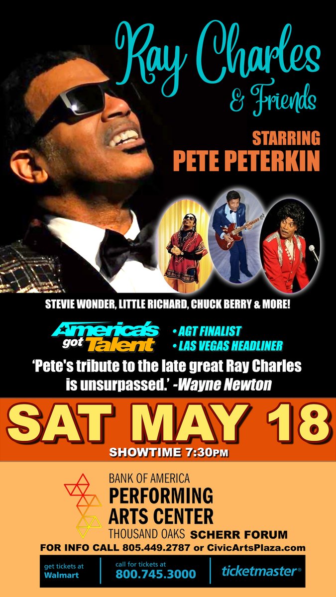 Direct from Las Vegas! Ray Charles & Friends starring Pete Peterkin with Tributes to JAMES BROWN, LITTLE RICHARD, CHUCK BERRY, STEVIE WONDER! ...and more! Tickets: bit.ly/4b2tJQC
