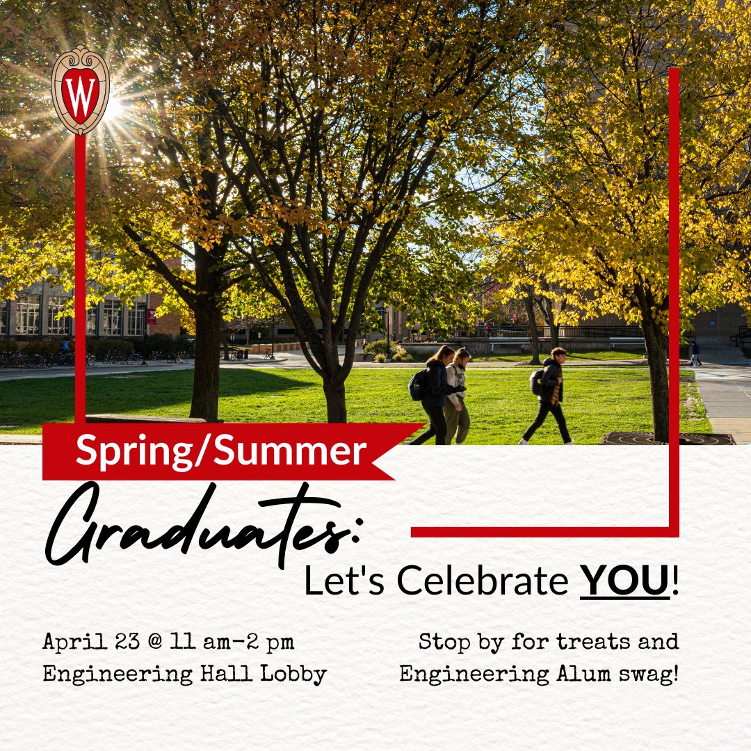 Calling all #BadgerEngineer spring/summer graduates- stop by the Engineering Hall lobby tomorrow from 11am-2pm for Destination Day! This is a great opportunity to tell us where you are going next, and pick up some Alum swag! @UWMadEngr