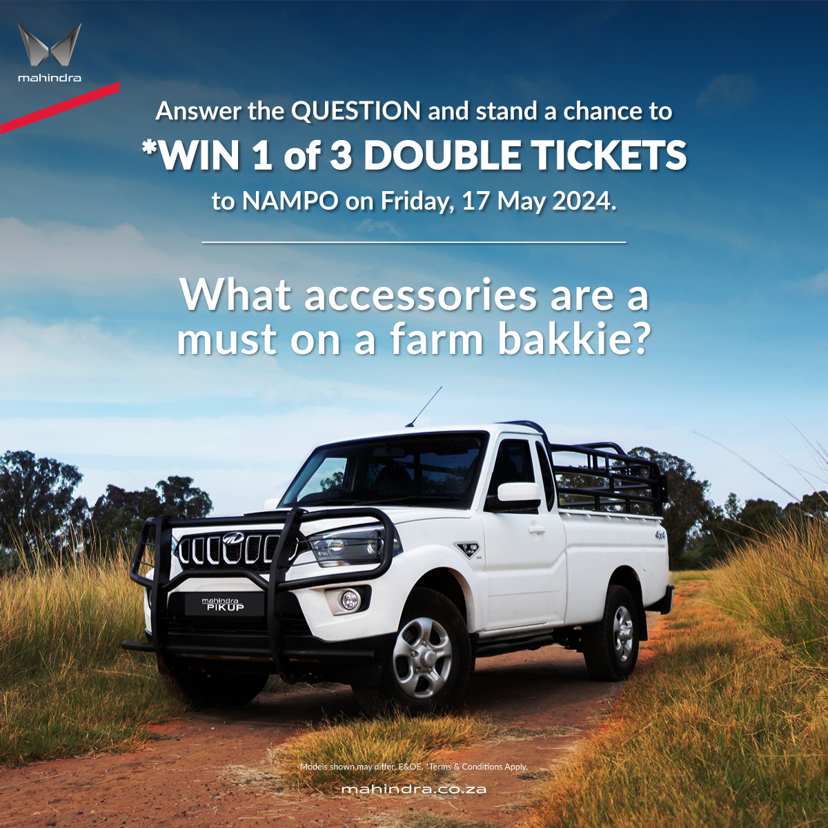 Join Mahindra SA and win tickets to NAMPO! We have 3 double tickets for the taking on May 17th. How to Enter: What accessories are a must on a farm bakkie? Comment below by the 8th of May. *Ts & Cs apply.​ #MahindraSA